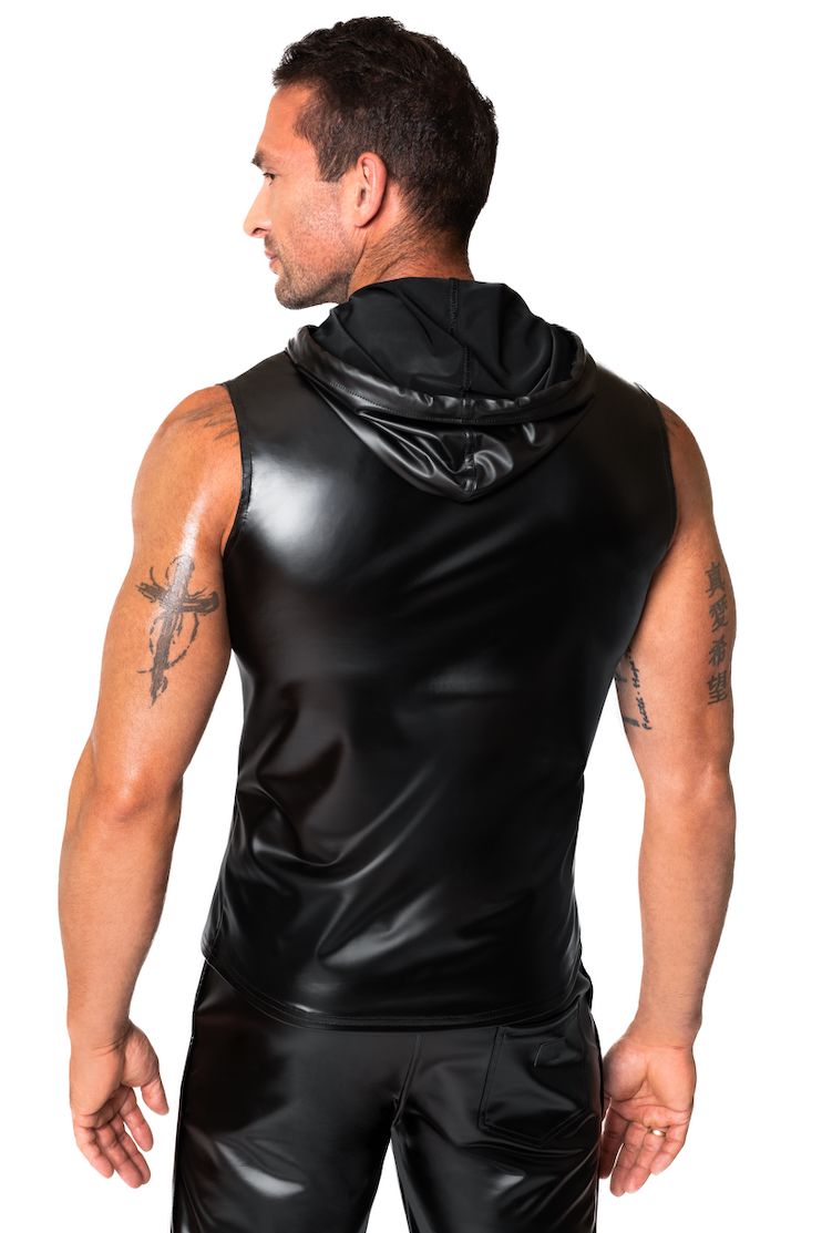 Noir Handmade Frenzy Power Wetlook Sleveless Hoodie in Black 
