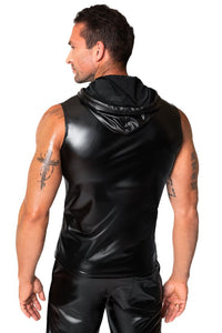Noir Handmade Frenzy Power Wetlook Sleveless Hoodie in Black 