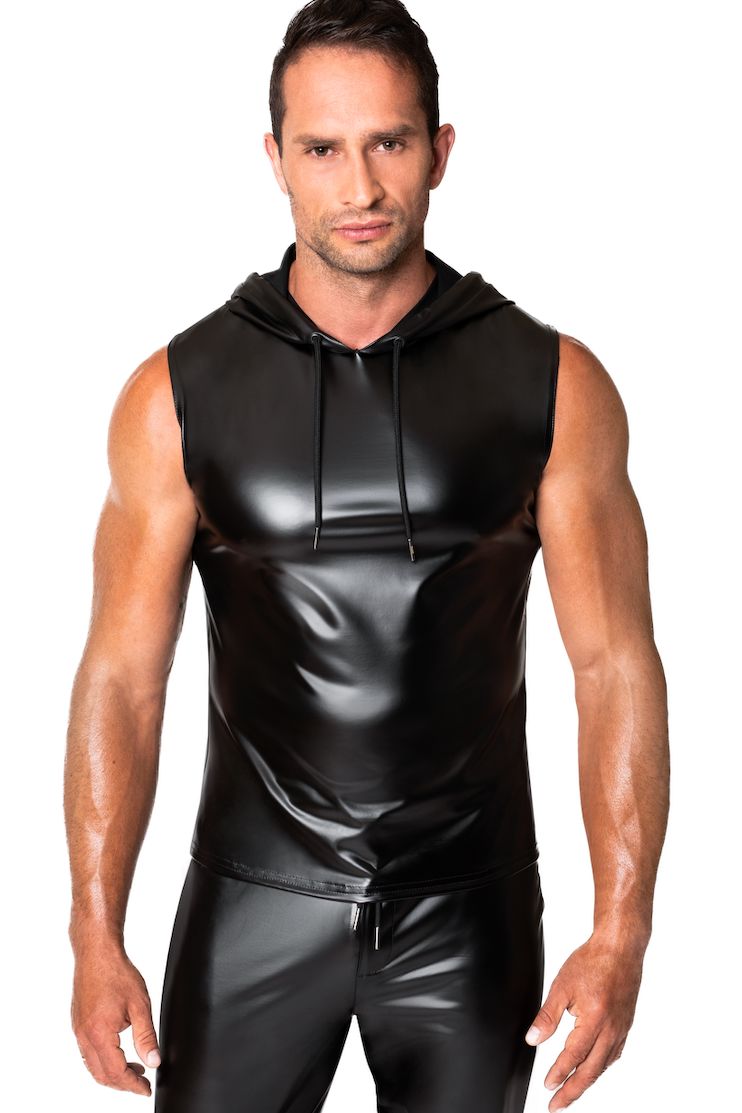 Noir Handmade Frenzy Power Wetlook Sleveless Hoodie in Black  from SexyShoes.com