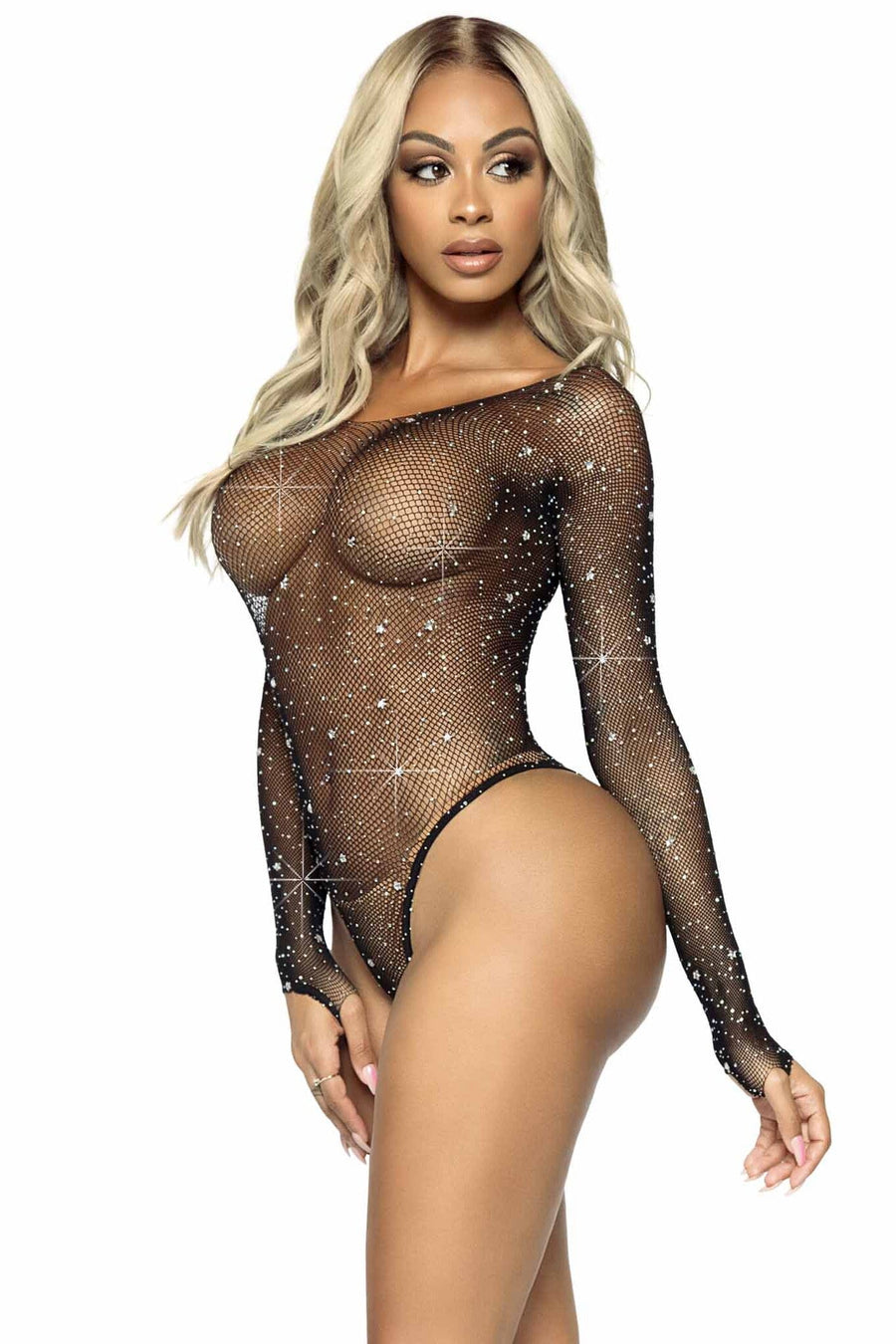 Galaxy Star Rhinestone Fishnet Bodysuit-Bodysuits-SEXYSHOES.COM