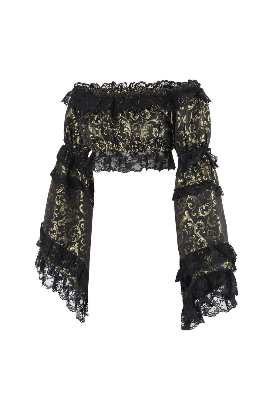 Gold/Black Brocade Smocked Flare Sleeve Peasant Top