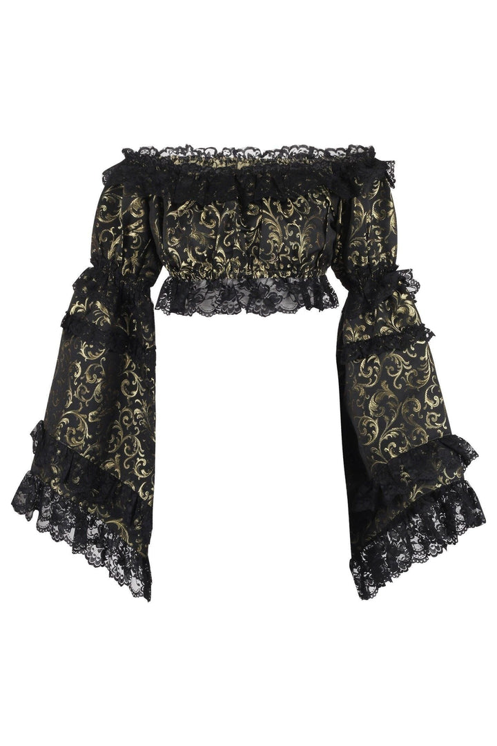 Gold/Black Brocade Smocked Flare Sleeve Peasant Top
