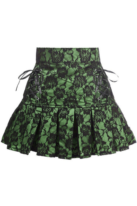 Green Satin w/Black Lace Overlay Lace-Up Skirt