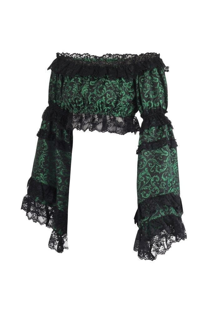 Green/Black Brocade Smocked Flare Sleeve Peasant Top
