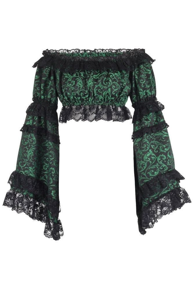 Green/Black Brocade Smocked Flare Sleeve Peasant Top