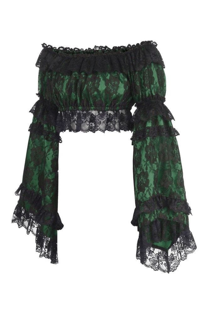 Green/Black Lace Smocked Flare Sleeve Peasant Top