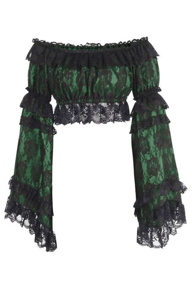 Green/Black Lace Smocked Flare Sleeve Peasant Top