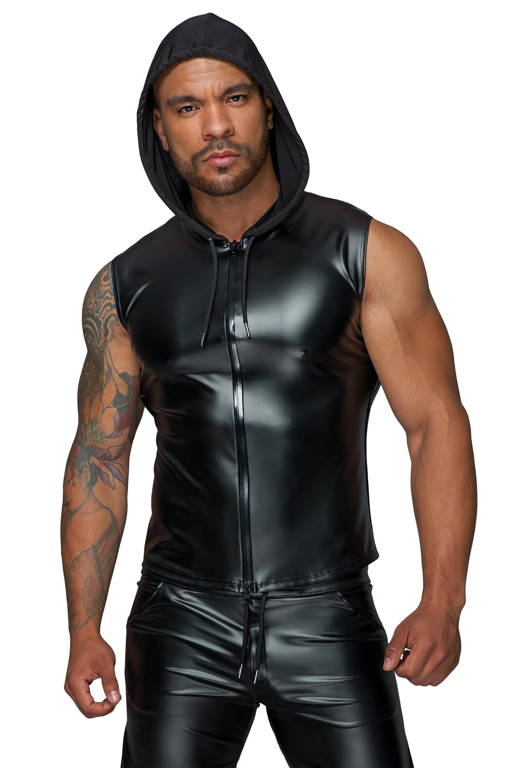 Noir Handmade Hooded Shirt With 2 Way Zipper in Black 