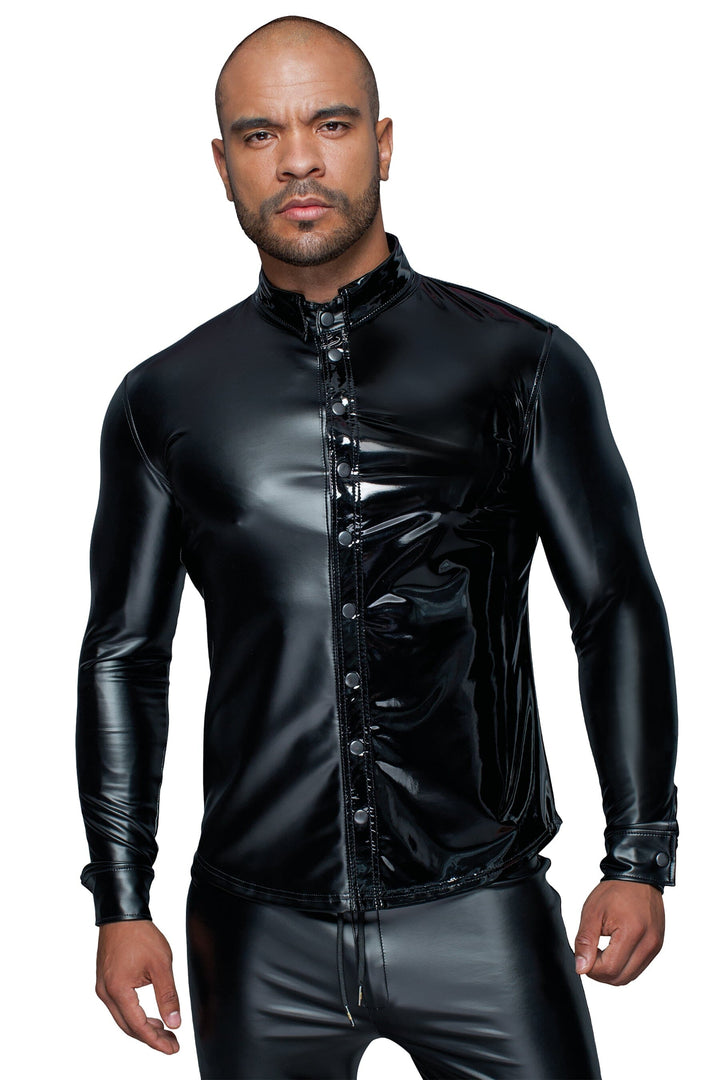 Long-Sleeved Powerwetlook & Pvc Shirt With Button Placket