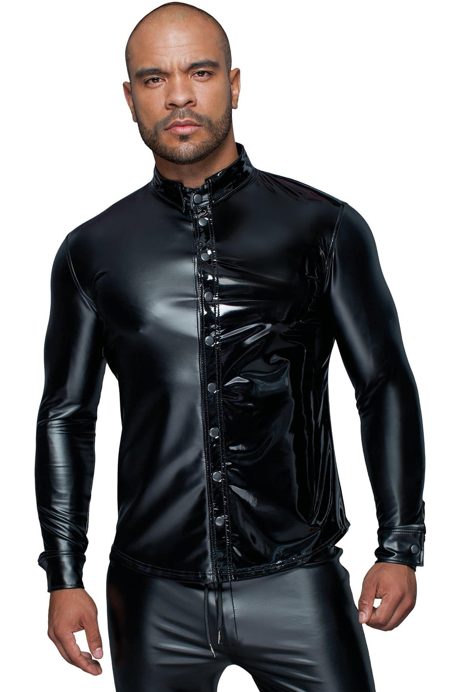 Noir Handmade Long Sleeved Powerwetlook & Pvc Shirt With Button Placket in Black 