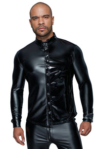 Noir Handmade Long Sleeved Powerwetlook & Pvc Shirt With Button Placket in Black 