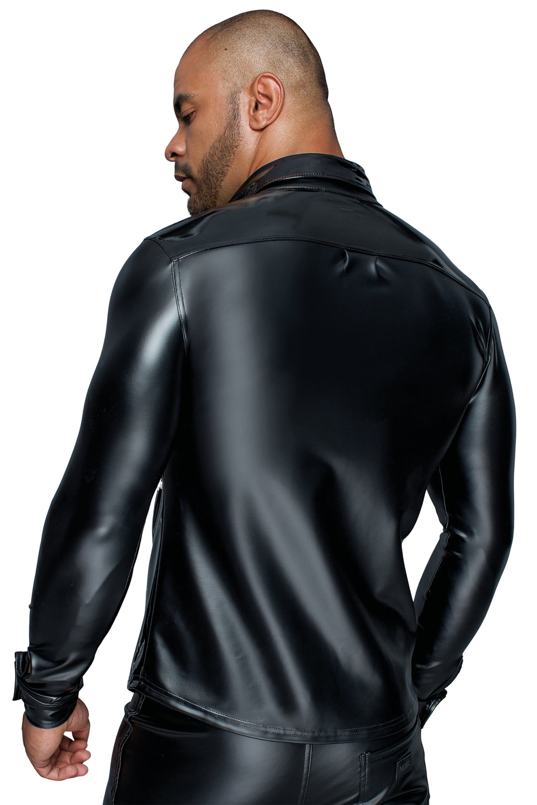 Noir Handmade Long Sleeved Powerwetlook & Pvc Shirt With Button Placket in Black 