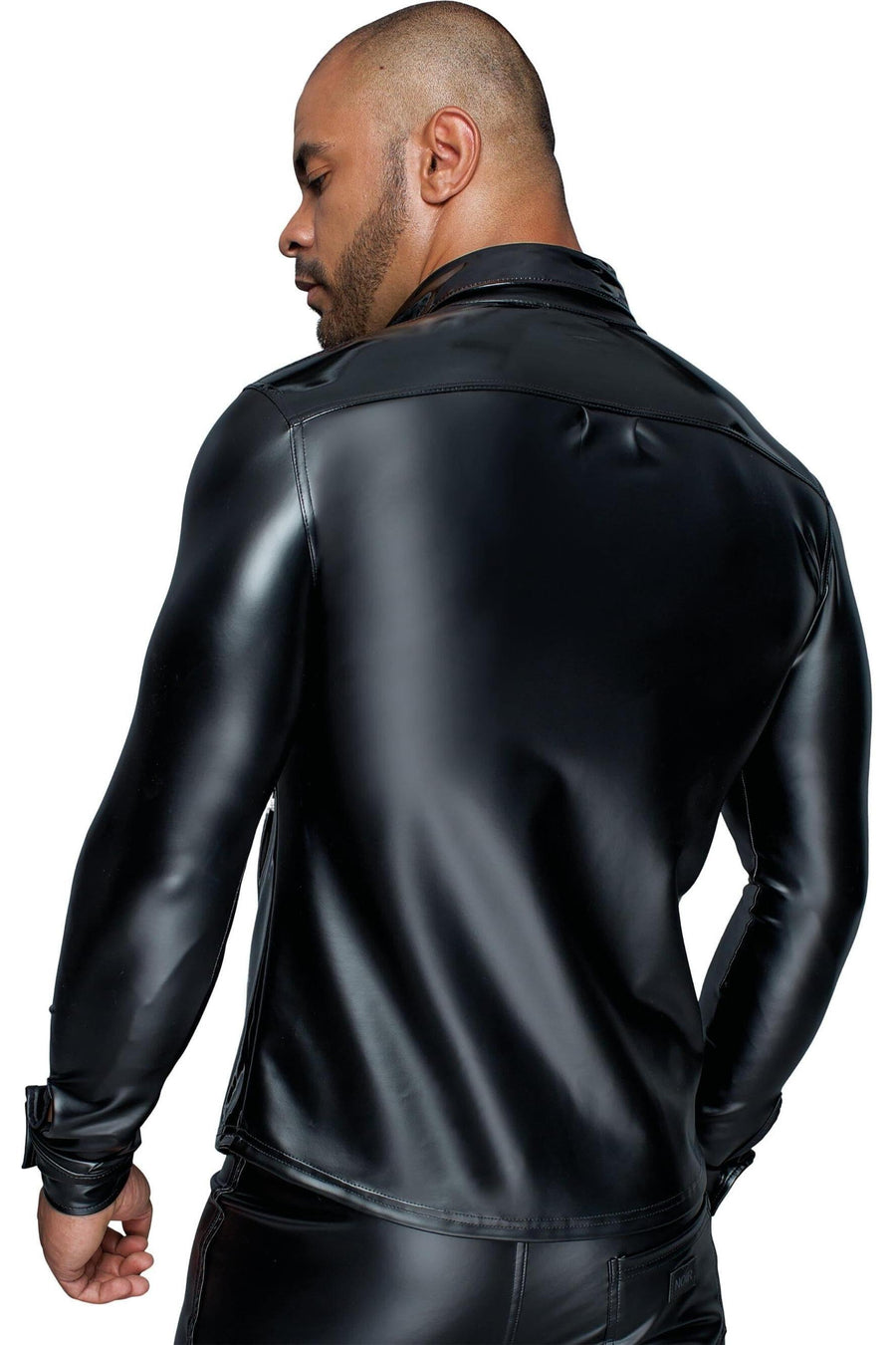 Noir Handmade Long Sleeved Powerwetlook & Pvc Shirt With Button Placket in Black 