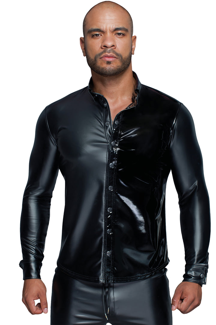 Long-Sleeved Powerwetlook & Pvc Shirt With Button Placket