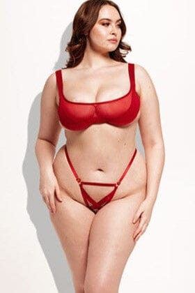 House of Desire Devon Mesh Layered Bra & Lace Up G String in Red 
