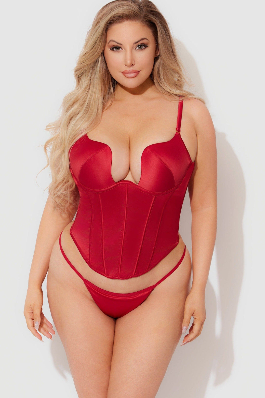 House of Desire Brigeta Fitted Deep Plunge Push Up Bustier W G String in Red 