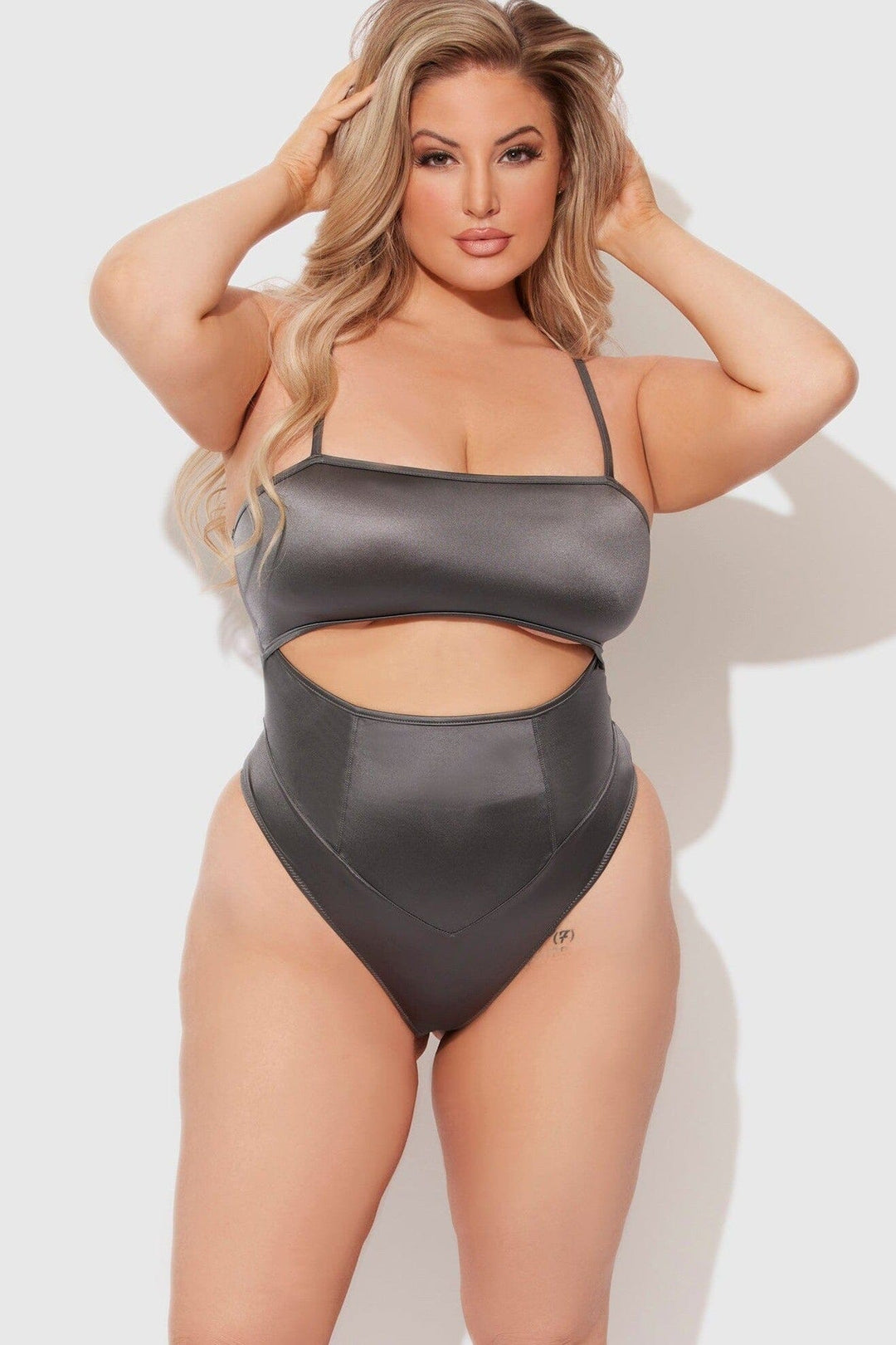 House of Desire Zoe Slick Cutout Scoop Back Bodysuit in Grey 