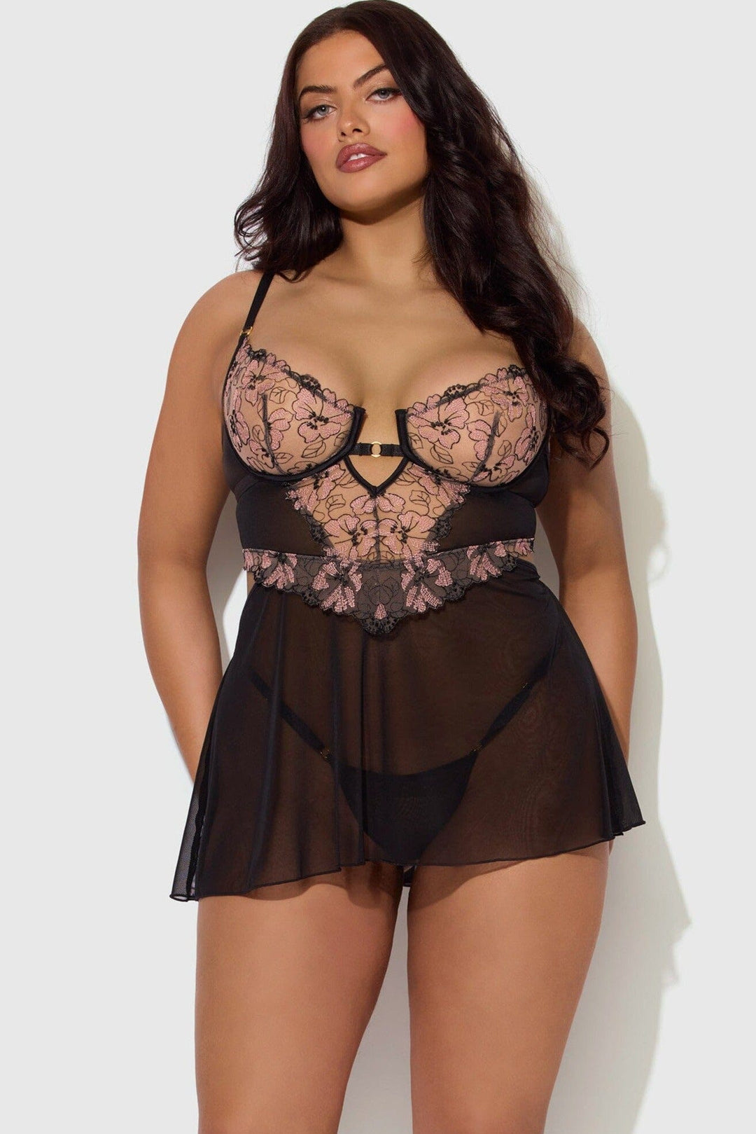 House of Desire Nova Blacklight Babydoll Set in Black 