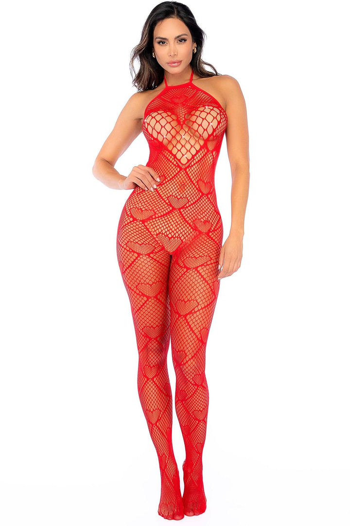 Heart Fishnet Red Bodystocking with Rhinestone Detail