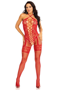 Heart Net Halter Bodystocking, Faux Lace-Up Front W/Leg Garter Detail-Bodystockings-SEXYSHOES.COM