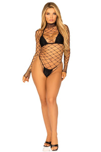 High Neck Fence Net Long Sleeved Bodysuit W/Snap Crotch Thong Panty-Bodysuits-SEXYSHOES.COM