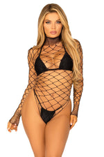 High Neck Fence Net Long Sleeved Bodysuit W/Snap Crotch Thong Panty