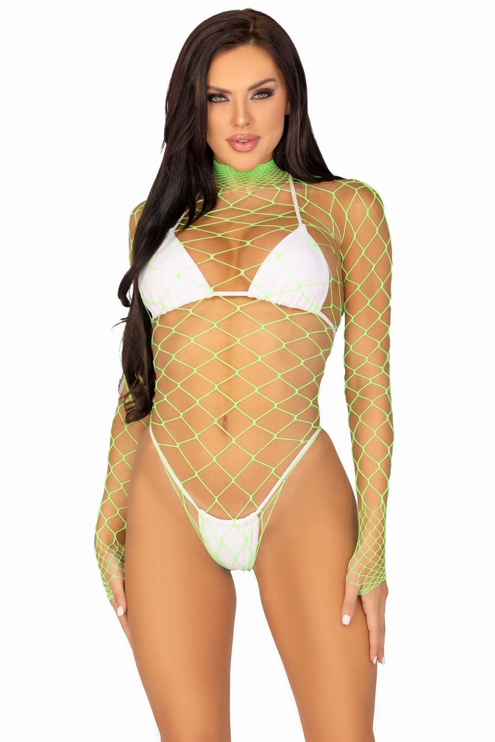 High Neck Fence Net Long Sleeved Bodysuit With Snap Crotch Thong Panty