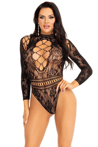 Leg Avenue High Neck Lace And Net Keyhole Back Bodysuit in Black  from SexyShoes.com