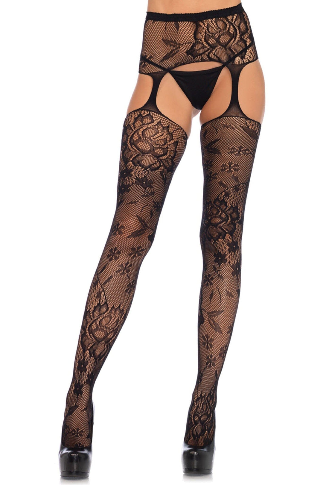 Leg Avenue High Waist Floral Lace Stockings With Attached Garterbelt in Black  from SexyShoes.com