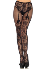 High Waisted Illusion Suspender Crotchless With Bow Accent Tights