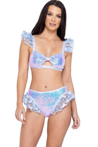 High-Waisted Sequin Shorts with Butterfly Ruffle Trim-Sexy Bottoms-SEXYSHOES.COM