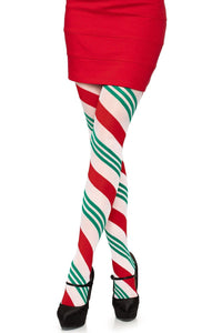Leg Avenue Holiday Ribbon Striped Tights in Green  from SexyShoes.com