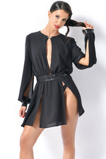 INNOCENTE MESH BELTED SLIT DRESS