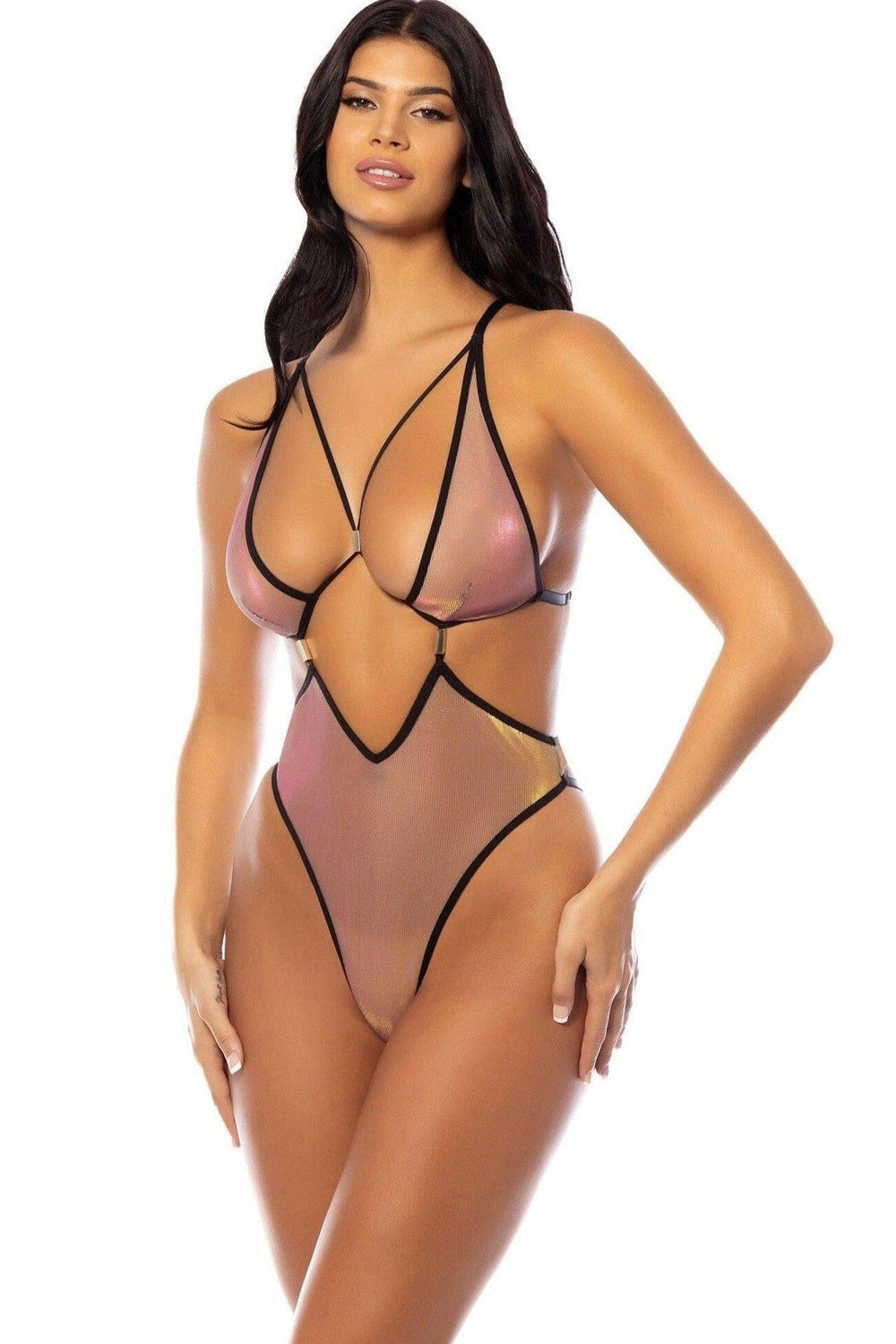 Oh La La Cheri Iridescent High Leg Teddy with Gold Beaded Trim and Open Back in Black and Iridescent 