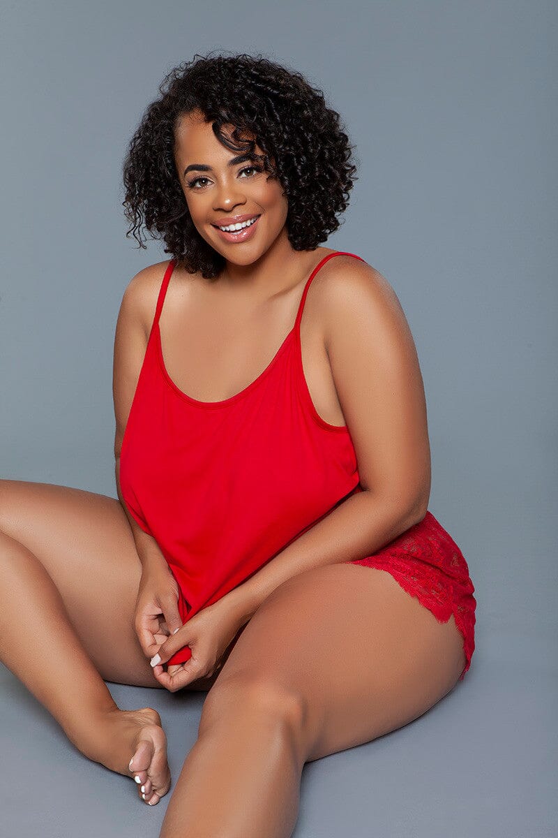 BeWicked Jersey Knit Cami Set with Floral Lace Shorts in Red 
