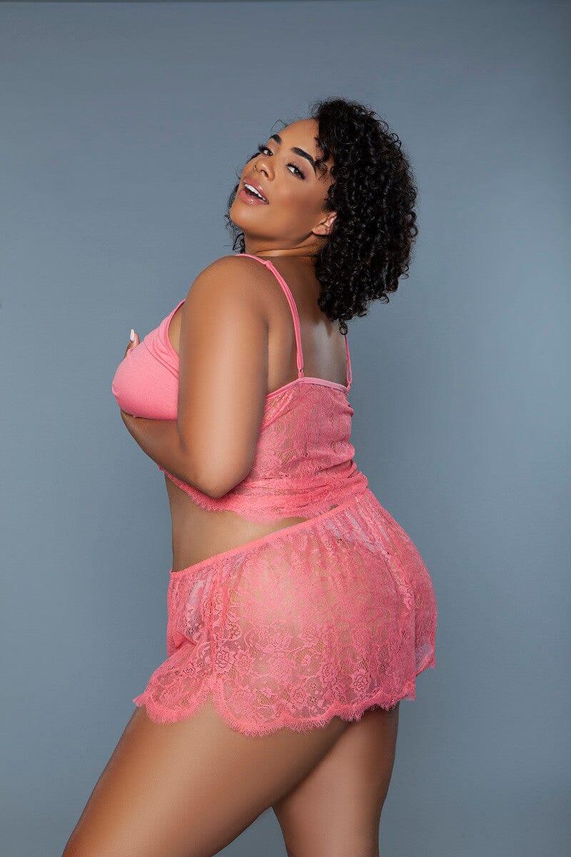 BeWicked Jersey Knit Cami Set with Floral Lace Shorts in Pink 