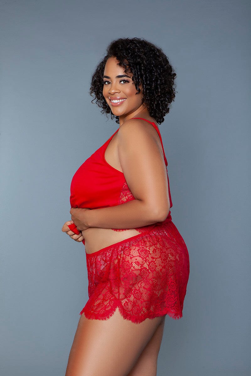 BeWicked Jersey Knit Cami Set with Floral Lace Shorts in Red 