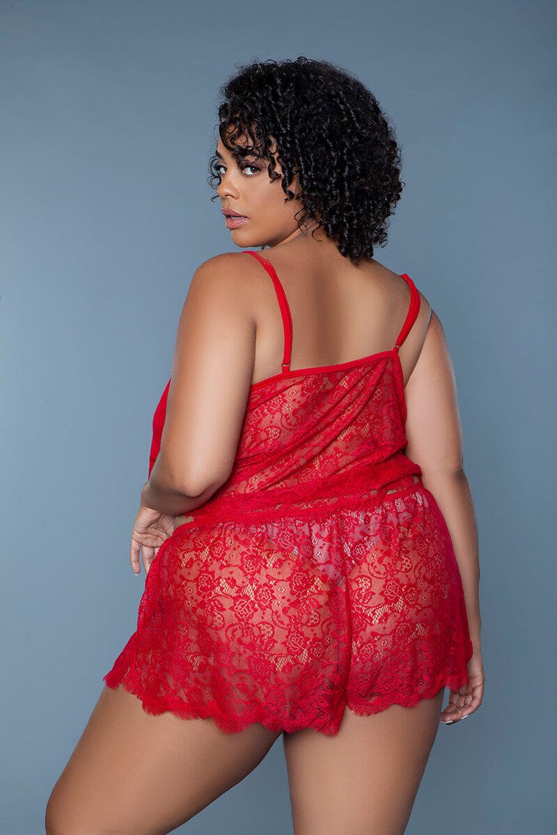 BeWicked Jersey Knit Cami Set with Floral Lace Shorts in Red 