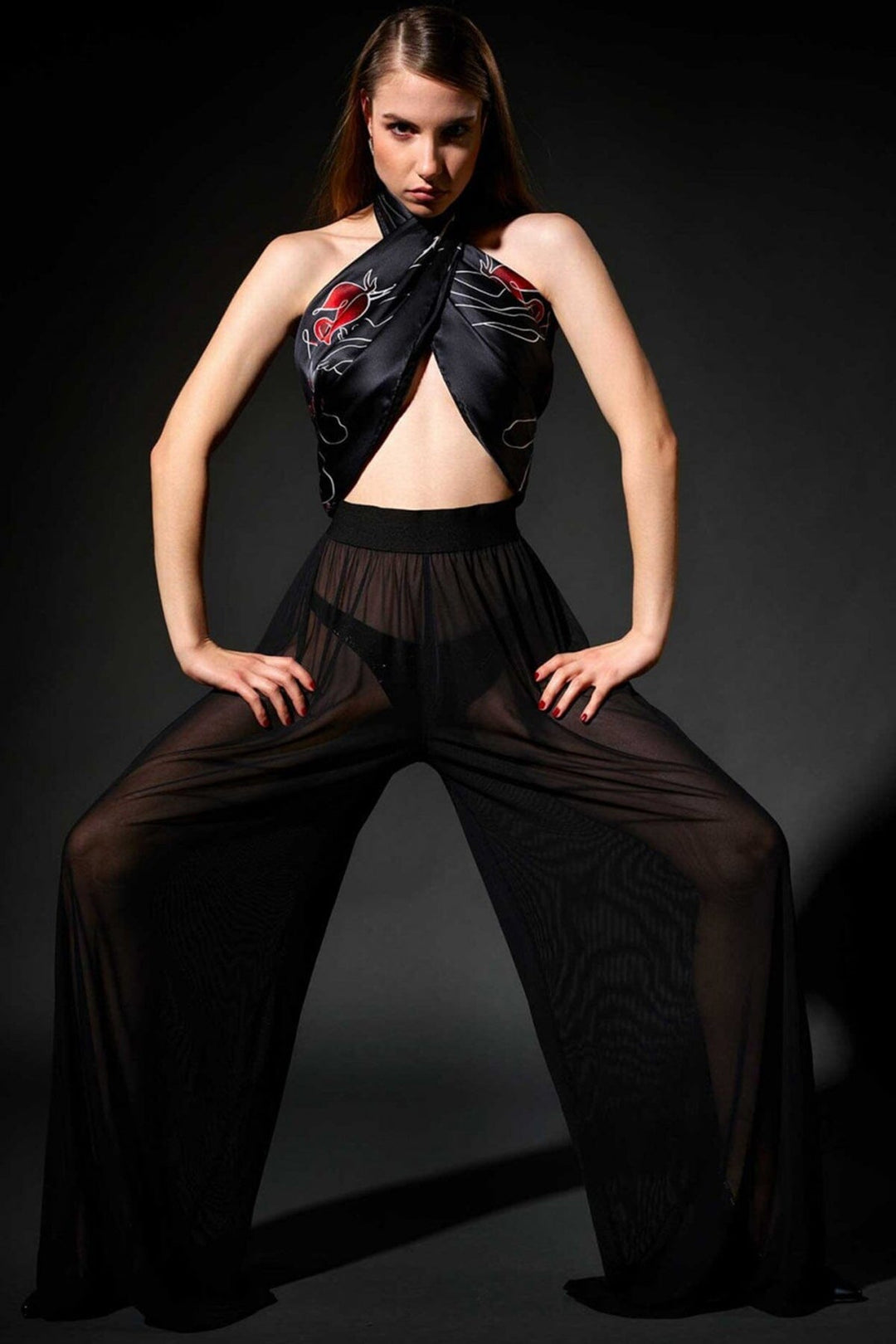 Les P'Tites Folies Jun Sheer Mesh Flowing Pants in Black  from SexyShoes.com