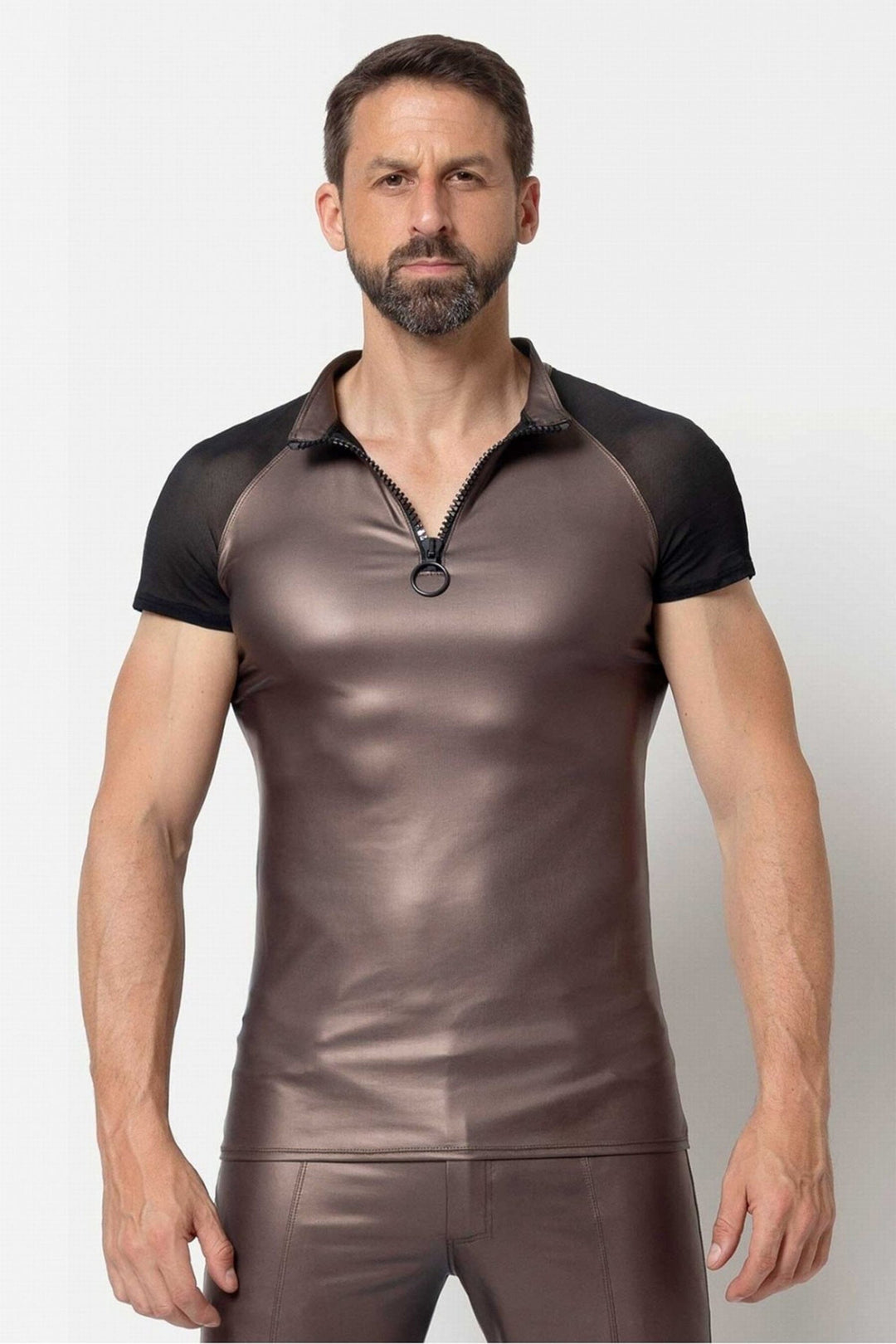 L'HOMME KETIL Shiny Wetlook T Shirt in Brown  from SexyShoes.com
