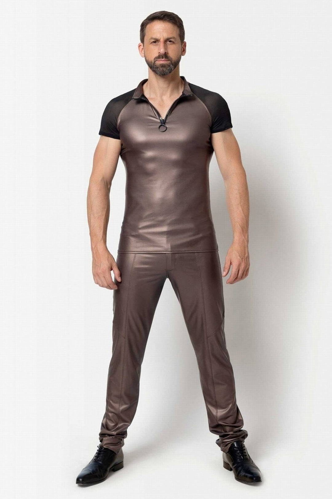 L'HOMME KETIL Wetlook Trousers in Brown 