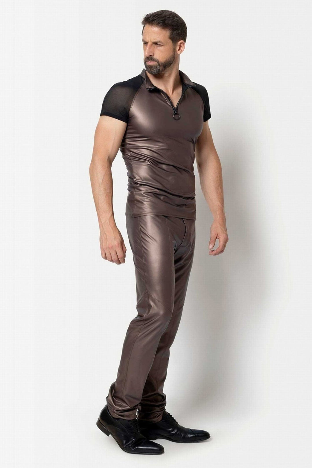 L'HOMME KETIL Wetlook Trousers in Brown 
