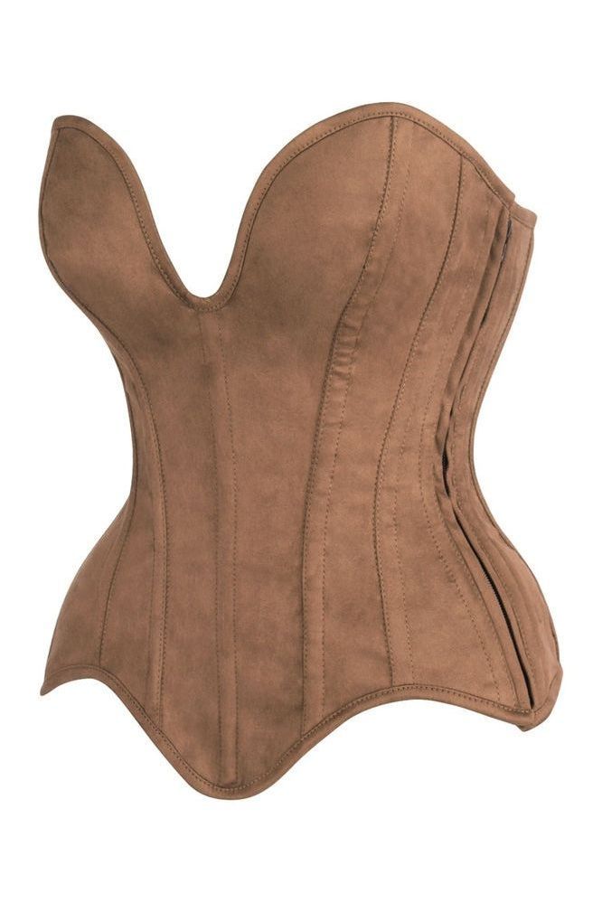 LIMITED EDITION Top Drawer Steel Boned Tan Suede Deep Plunge Overbust Corset Top