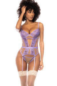 Mapale Lace Bustier Set with Underwire and Mesh Contrast in Purple  from SexyShoes.com
