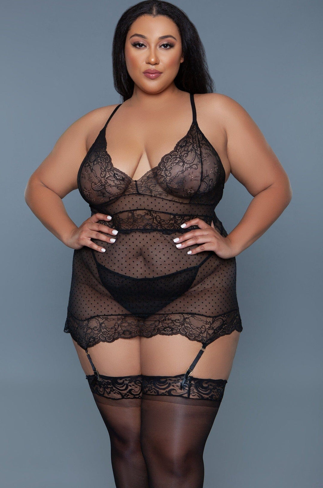 BeWicked Lace Chemise Set with Polka Dot Patterns in Black 