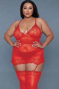 BeWicked Lace Chemise Set with Polka Dot Patterns in Red 