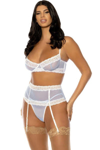 Oh La La Cheri Lace Edge Peek A Boo Bra and Garter Set with Decorative Keyholes in White 