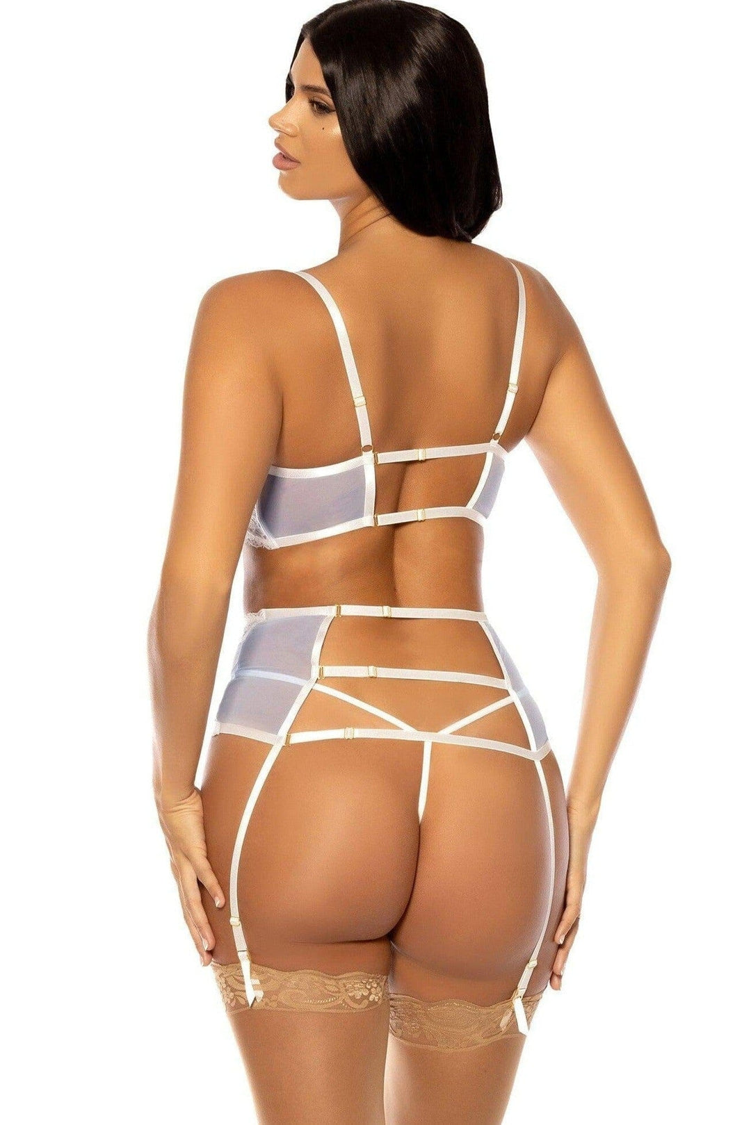 Lace Edge Peek-A-Boo Bra and Garter Set with Decorative Keyholes | White-Lingerie Sets-SEXYSHOES.COM