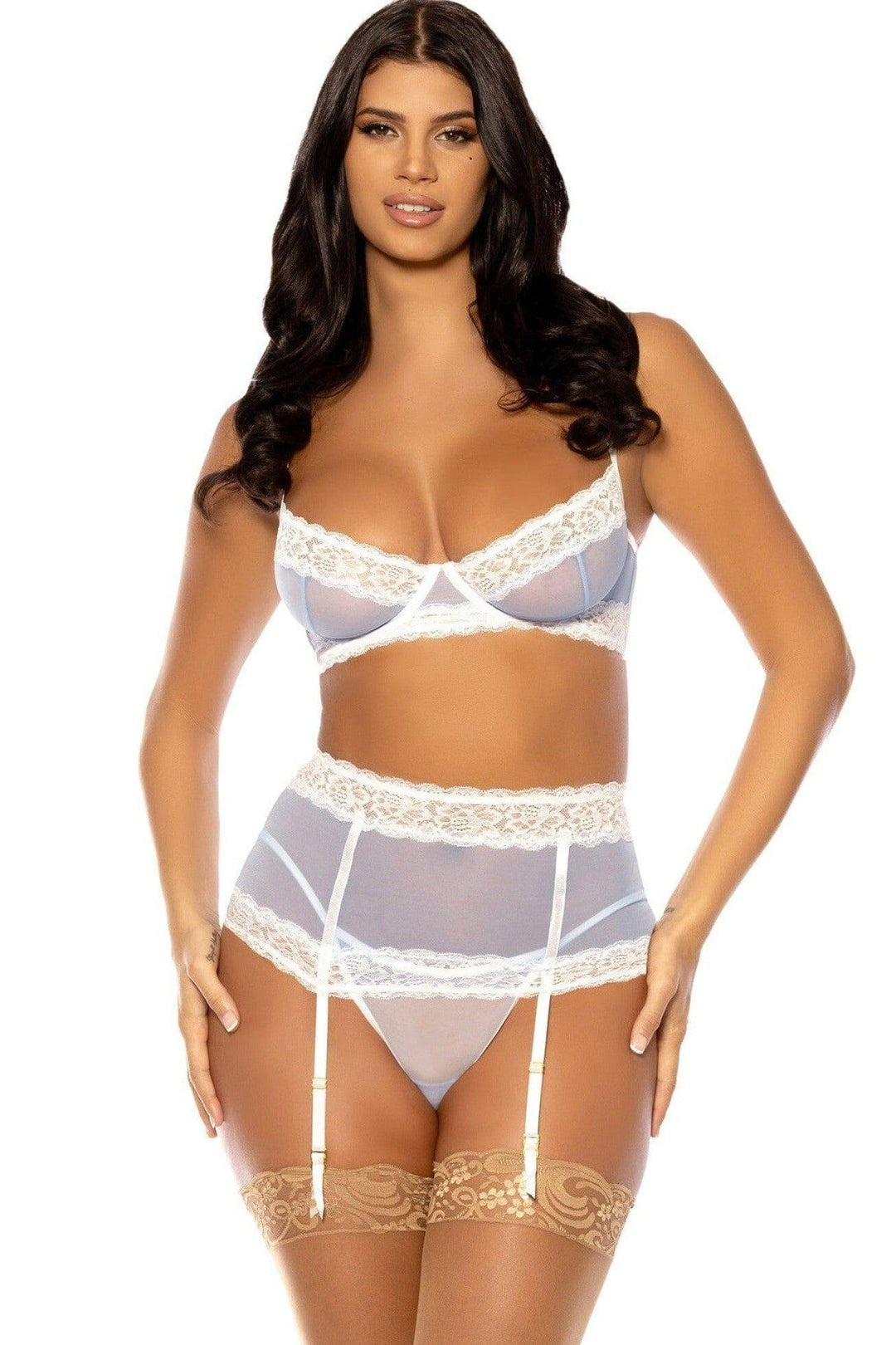 Oh La La Cheri Lace Edge Peek A Boo Bra and Garter Set with Decorative Keyholes in White  from SexyShoes.com