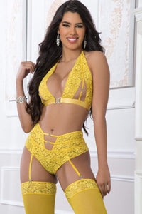 G World Lace Halter Top Lingerie Set in Yellow  from SexyShoes.com